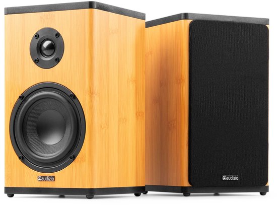 Draadloze Bluetooth boekenplank speakers Audizio BS20 met accu 60 uur, actieve stereo luidsprekers, bamboe design