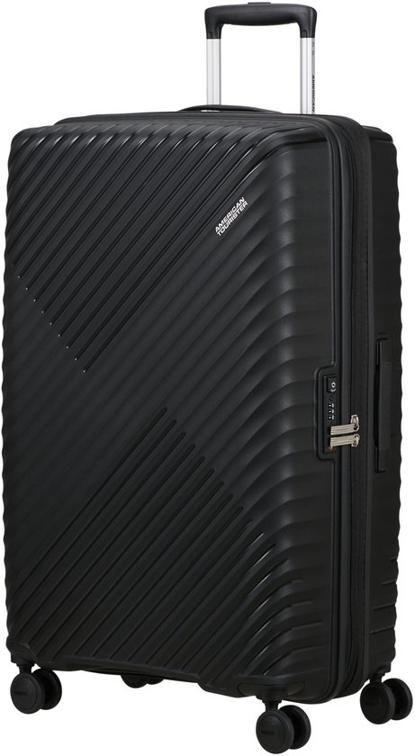 Zwarte American Tourister koffer met diagonale lijnen en TSA-slot.