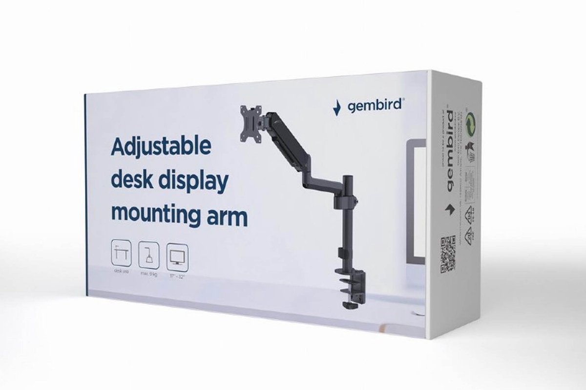 Gembird Verstelbare Bureau Monitorarm voor Enkele Monitor, 17–32 Inch, Tot 9 kg, 180° Rotatie Landschap/Portret, Kanteling 35°, 90° Zwenkbaar, VESA-compatibel, Kabelbeheer, Zwart thumbnail 4