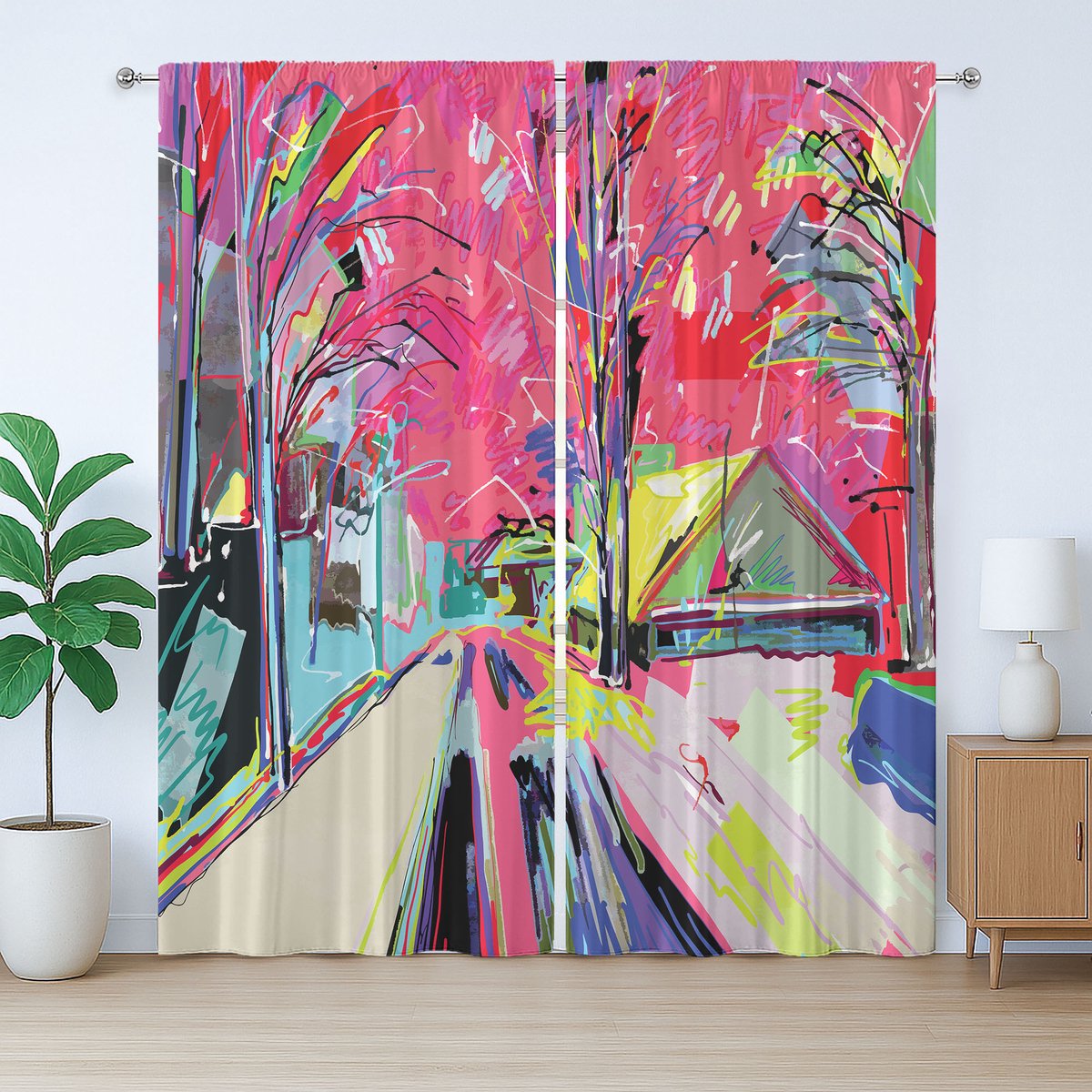 ABAKUHAUS Art Rustiek Gordijn, Funky Streets Schets Bomen, Slaapkamergordijn met Plooiing, Lusjes en Haken, 280 x 225 cm, Multicolor