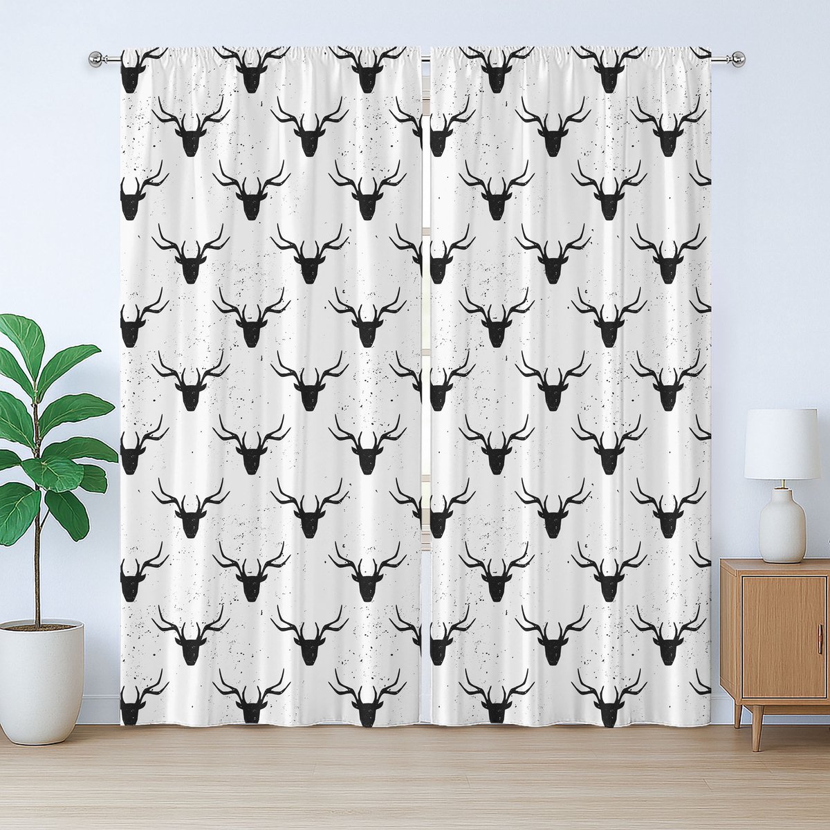ABAKUHAUS Rustiek Hertengordijn, Silhouetten van Dierenkoppen, Geplooid Gordijn voor de Slaapkamer met Lussen en Haken, 280 x 245 cm, Wit Zwart