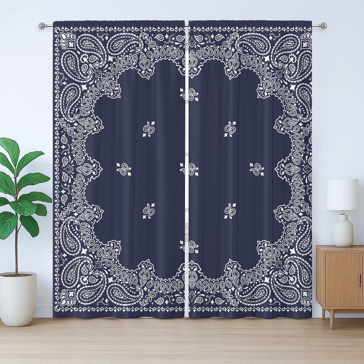 ABAKUHAUS Paisley rustiek gordijn, Midden-Oosterse invloeden, slaapkamergordijn met plooien, lussen en haken, 280 x 260 cm, donkerblauw wit
