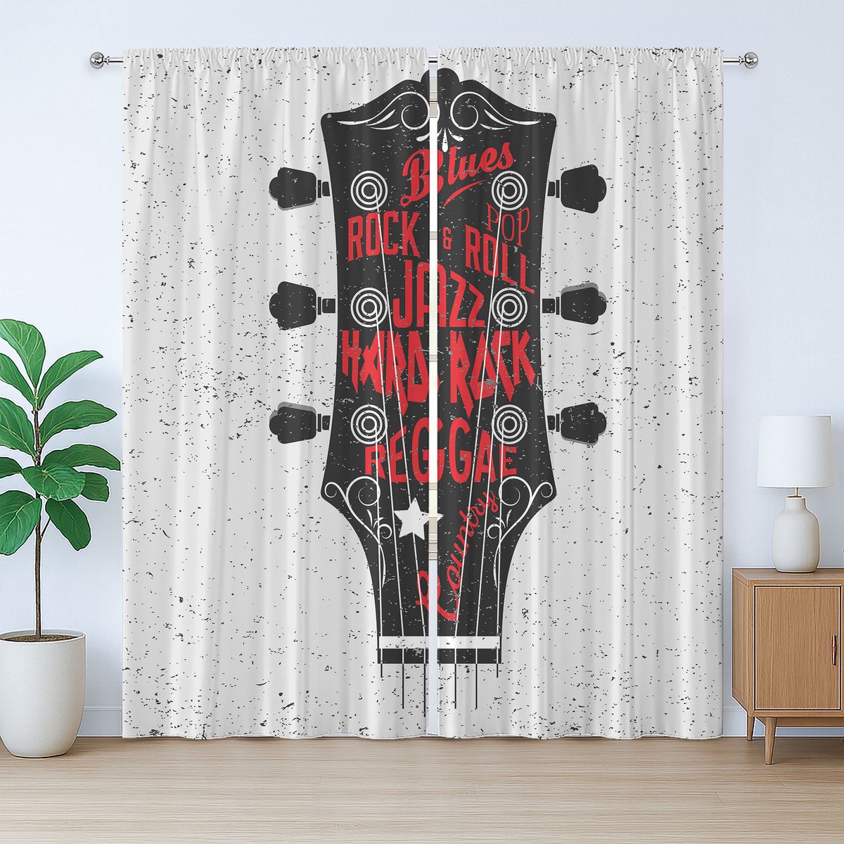 ABAKUHAUS Rustiek Gitaargordijn, Blues Pop Hard Rock, met Bandjes en Haken voor de Woonkamer, 280 x 225 cm, Vermiljoen Zwart Wit