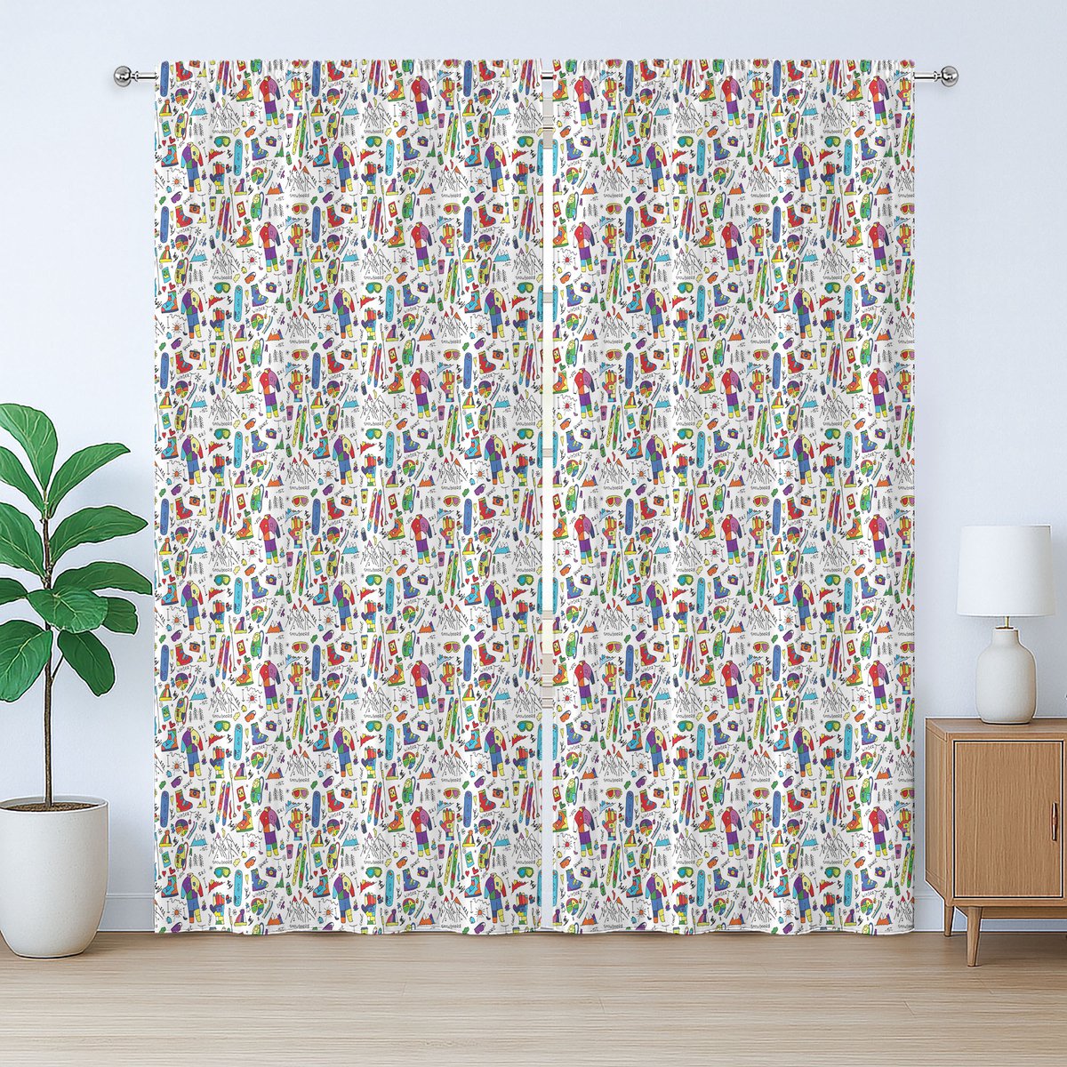 ABAKUHAUS Rustiek gordijn met skipatroon, kleurrijk winterthema, met lussen en haken voor de woonkamer, 280 x 225 cm, wit en meerkleurig