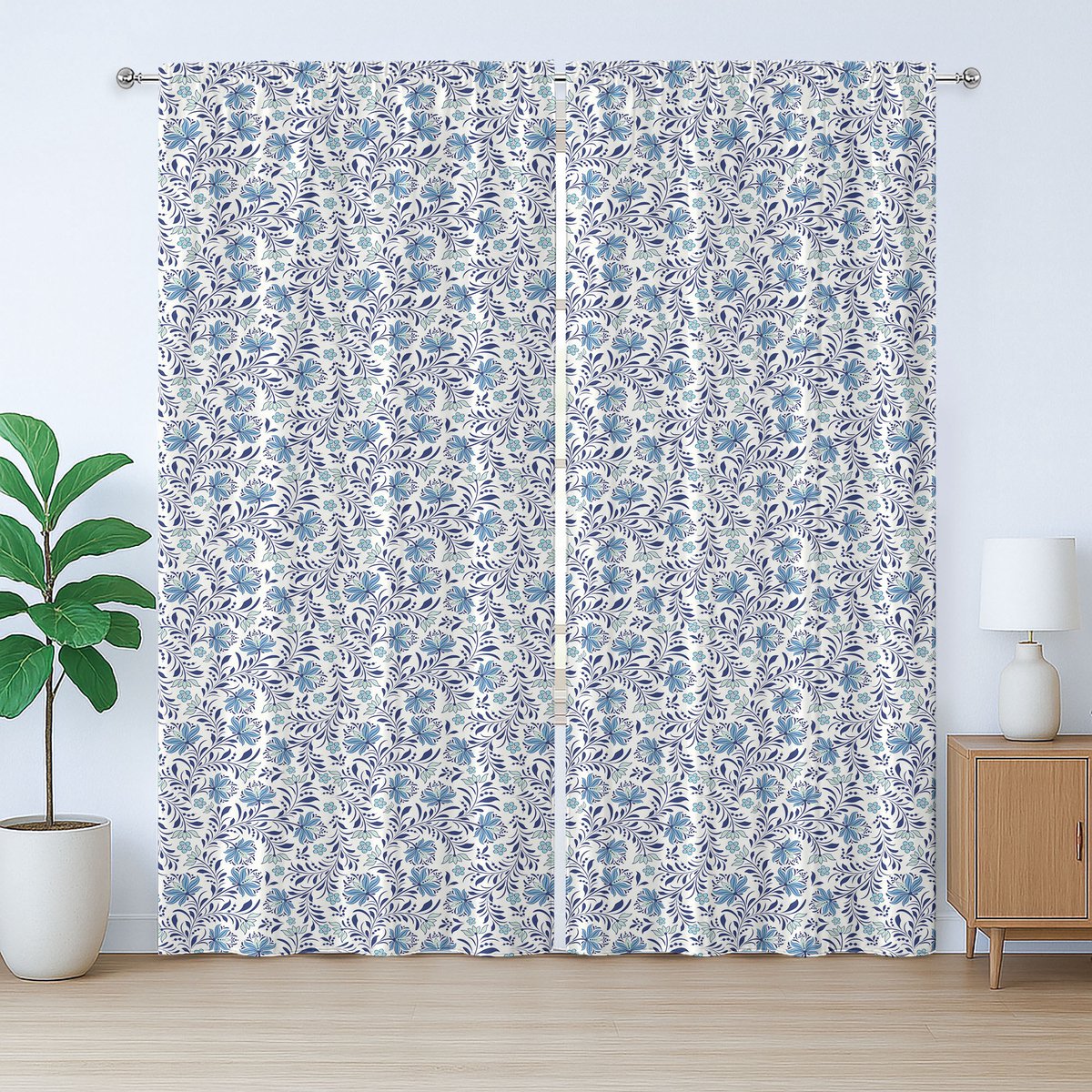 ABAKUHAUS Rustiek gordijn met bloemenmotief, bloeiende blauwe klokjes, met lussen en haken voor de woonkamer, 280 x 225 cm, turquoise en donkerblauw