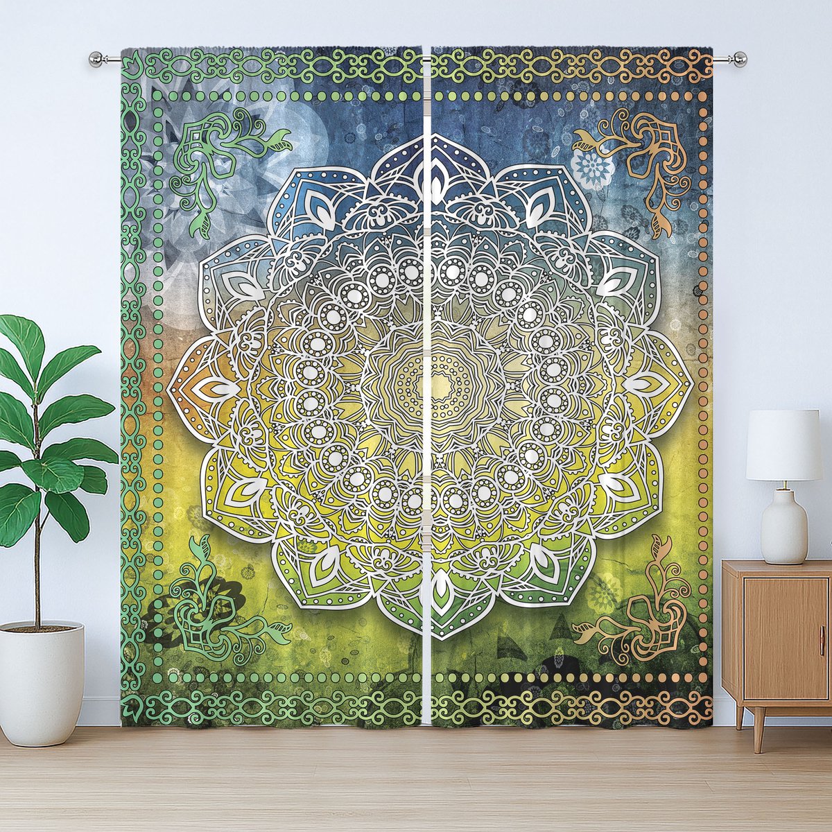 ABAKUHAUS Etnisch rustiek gordijn, Mandala Boho, Universele gordijnen met lussen en haken voor de woonkamer, 280 x 175 cm, Wit Geel Groen
