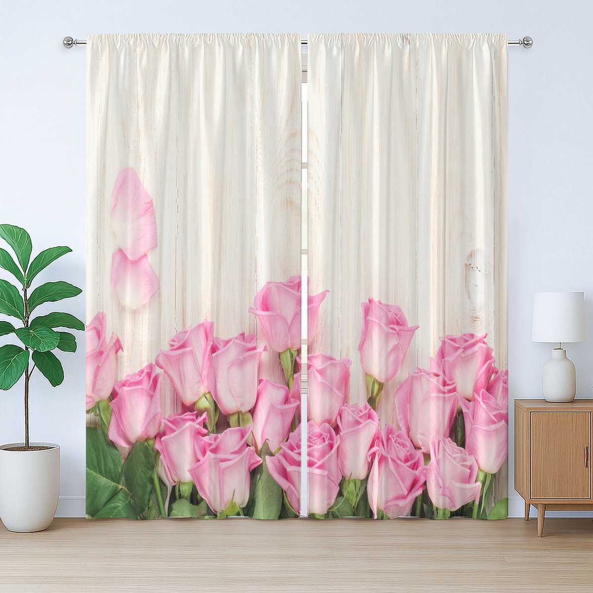 ABAKUHAUS Rustiek houten gordijn, bloeiend rozenboeket, met lussen en haken voor de woonkamer, 280 x 175 cm, roze, beige, groen