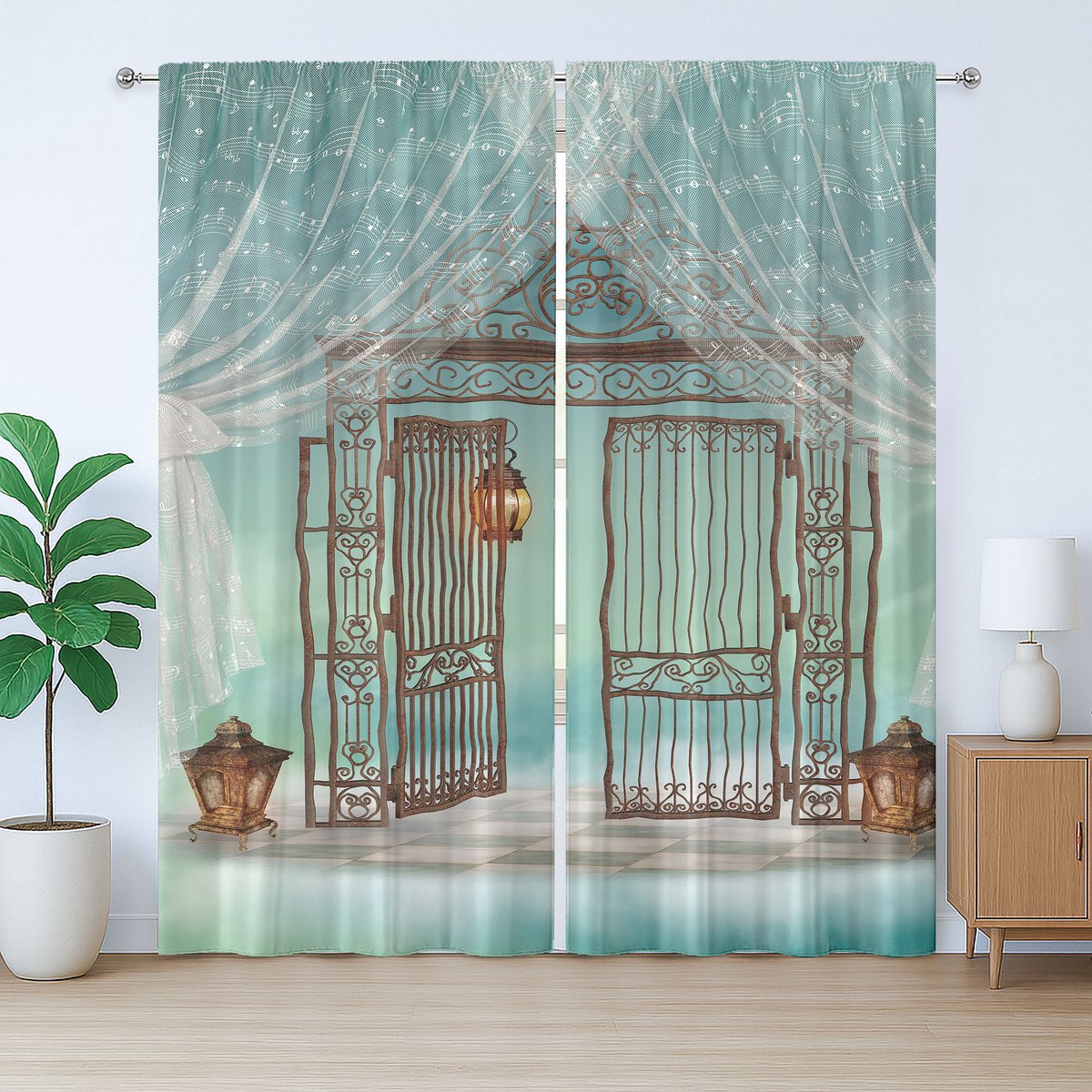 ABAKUHAUS Retro Rustiek Gordijn, Oude Poort en Gordijn, met Bandjes, Lussen en Haken voor de Woonkamer, 280 x 225 cm, Teal Bruin Wit
