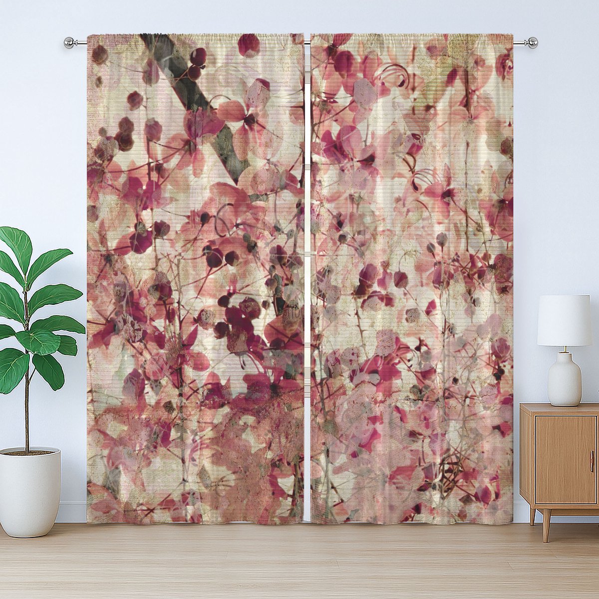ABAKUHAUS Retro Rustiek Gordijn, Kersenbloesem, Slaapkamergordijn met Plooiing, Lussen en Haken, 280 x 225 cm, Beige Roze