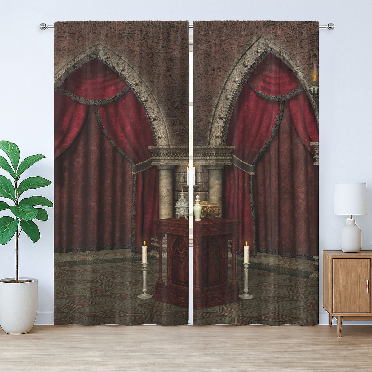 ABAKUHAUS Gotisch Rustiek Gordijn, Mysterieus Kasteel, Woonkamer Gordijnen met Lussen en Haken, 280 x 260 cm, Zwart en Rood