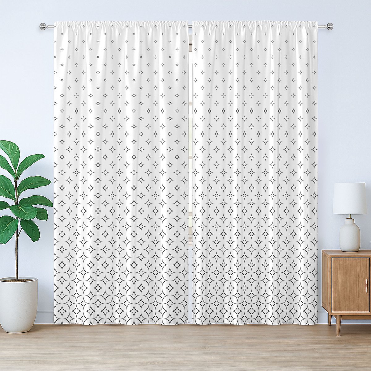 ABAKUHAUS Geometrisch rustiek gordijn, zwarte abstracte sterren, met lussen en haken voor de woonkamer, 280 x 175 cm, wit/zwart