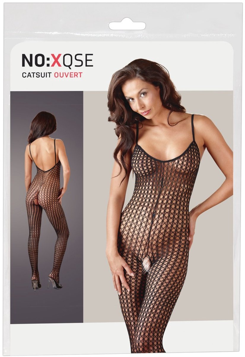 Mandy Mystery Lingerie –  Catsuit met Mesh Ontwerp en Open Kruis voor Erotische Toepassingen – Maat M/L – Zwart