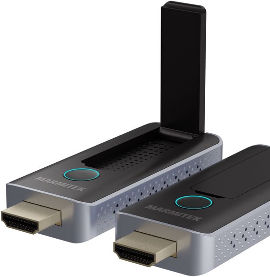 Twee Marmitek HDMI dongles met zilverkleurige behuizing en zwart met gaatjes. Eén met uitgeklapte antenne.