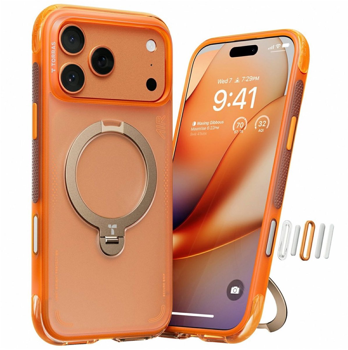 TORRAS Hoesje Geschikt voor Apple iPhone 17 Pro Max - Ostand Q3 Air Spin - Compatibel met MagSafe / Qi2 - Back Cover met Magneet - 360° Draaibare Ring Standaard - Oranje