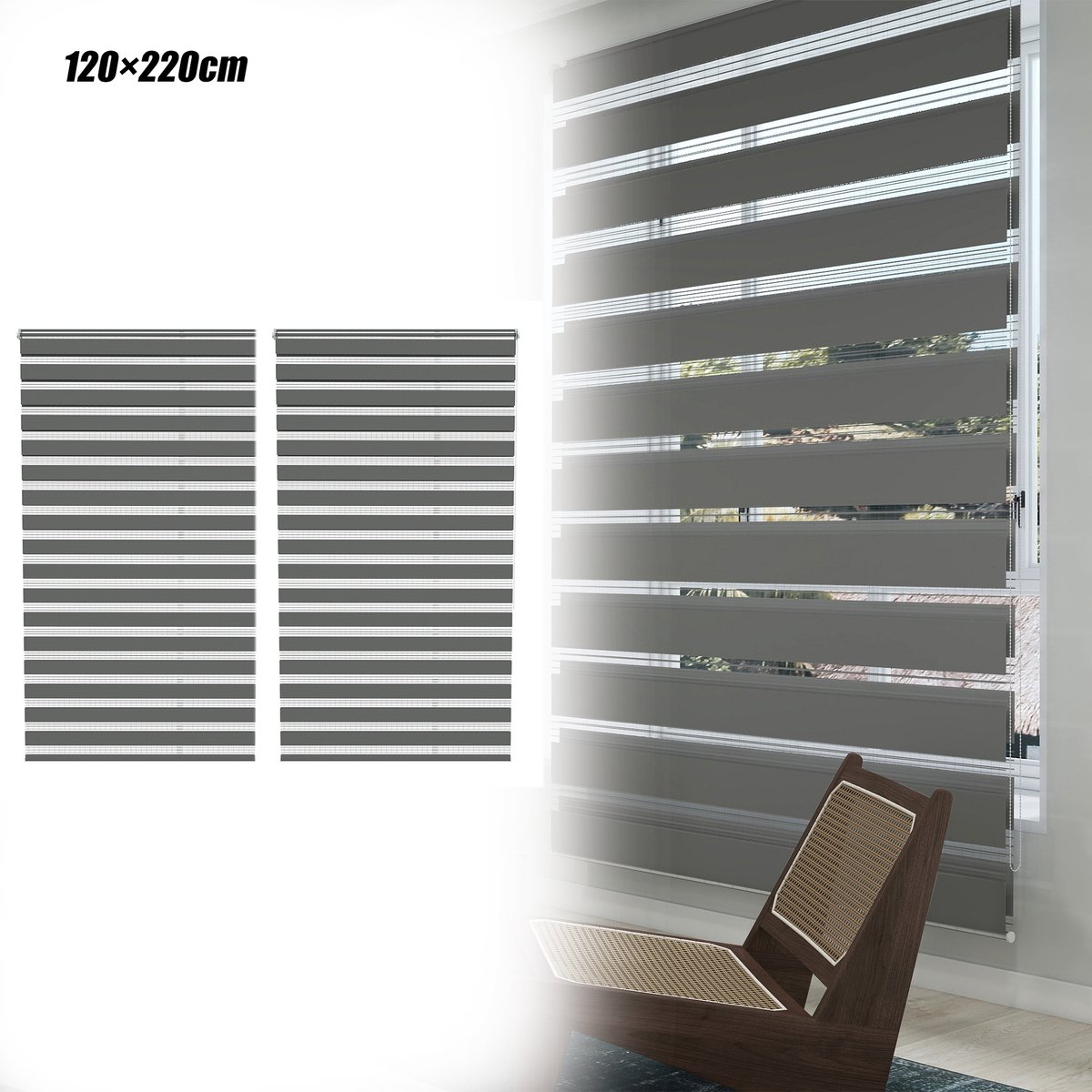 Aufun 2 Stuks Dubbele Verduisterende Rolgordijnen - Grijs 120x220cm - Clipmontage, Boren Niet Nodig, Eenvoudig Te installeren - Geschikt Voor Ramen En Balkondeuren