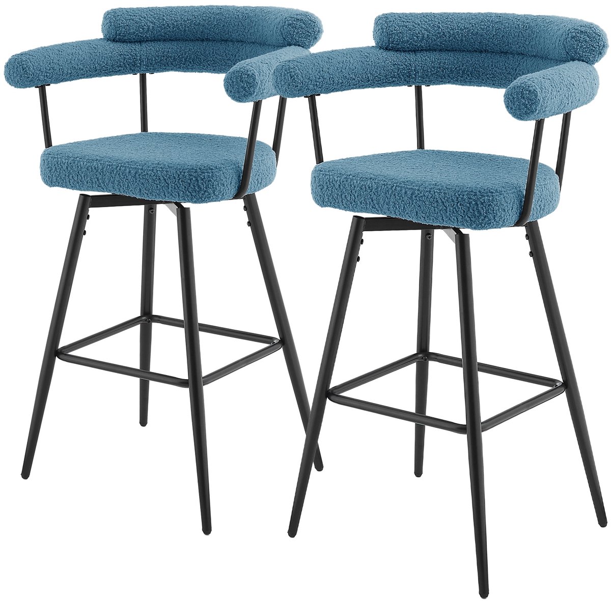ml-design draaibare barkrukken set van 2 blauw teddy gestoffeerde keukenstoelen met armleuning rugleuning voetsteun 360 graden draaibaar hoge barkrukken bistrokrukken moderne barstoelen comfortabele keukenkrukken stalen frame rond design