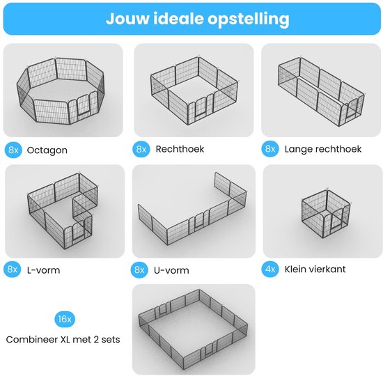 Veelzijdige opstellingen van de zwarte metalen puppyren: octagon, rechthoek, L-vorm, U-vorm, klein vierkant. Combineer XL met 2 sets.