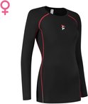 T-shirt de sport noir à manches longues, coutures rouges, logo FG et symbole féminin.