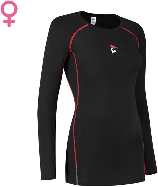 T-shirt de sport noir à manches longues, coutures rouges, logo FG et symbole féminin.