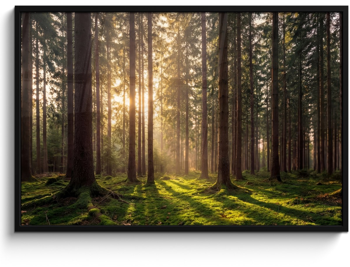 FrameYourWall Poster in lijst - Fotolijst 120x80 cm - Posters - Bos - Gras - Zonlicht - Posterlijst zwart - Decoratie - Wanddecoratie woonkamer - Muurdecoratie slaapkamer
