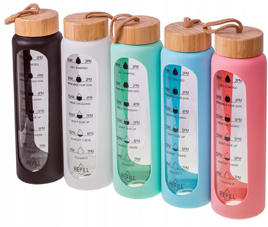 Série BK - Bouteille d'eau en verre - 1 litre - Tableau de mesure motivant - Bouchon sécurisé - Respectueux de l'environnement