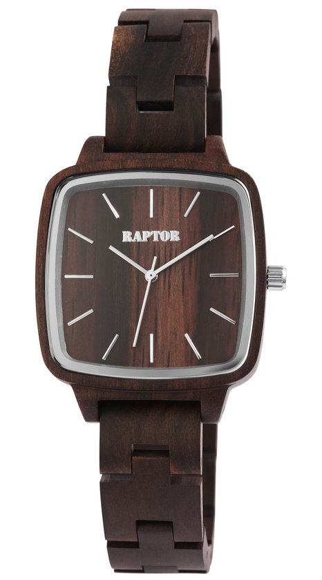 Bruin houten horloge met vierkante wijzerplaat, zilverkleurige indexen en band.
