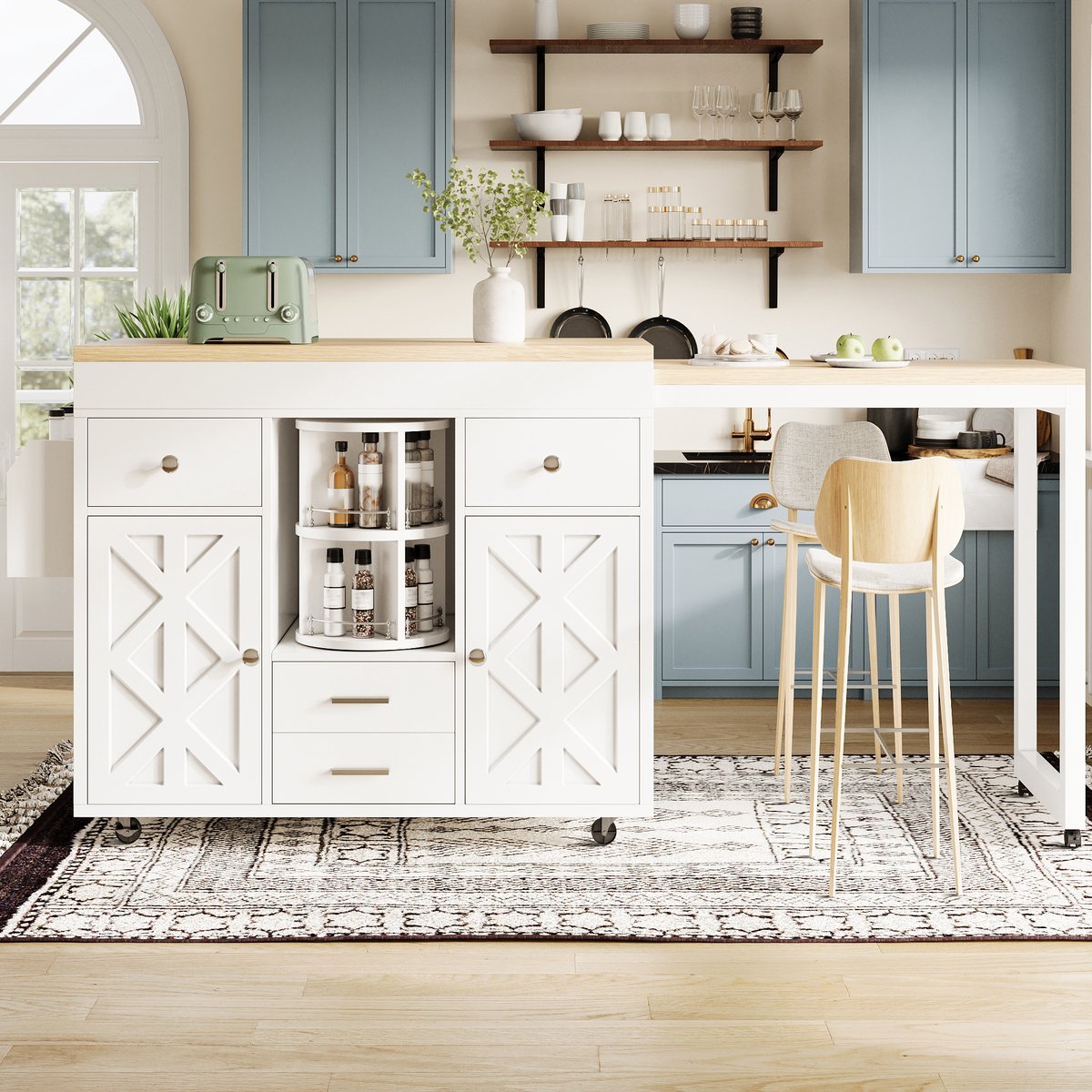 Wishdor Uitschuifbare bartafel - Met wielen en opbergruimte - 360° draaibare organizer en verstelbare planken - Modern - Houtlook - Wit - 110-180 x 40 x 91 cm