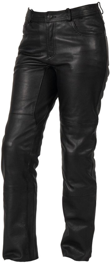 Zwarte leren dames motorbroek met CE-keuring, met naden op de knieën en heupen.