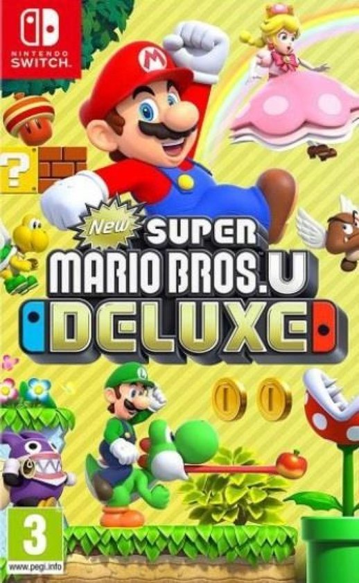 De cover van New Super Mario Bros. U Deluxe met Mario, Luigi, Yoshi, Prinses Peach en vijanden.