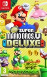 De cover van New Super Mario Bros. U Deluxe met Mario, Luigi, Yoshi, Prinses Peach en vijanden.