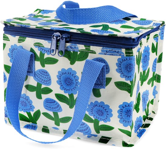 Sac isotherme sur fond blanc avec un imprimé floral bleu, doté de poignées bleues.