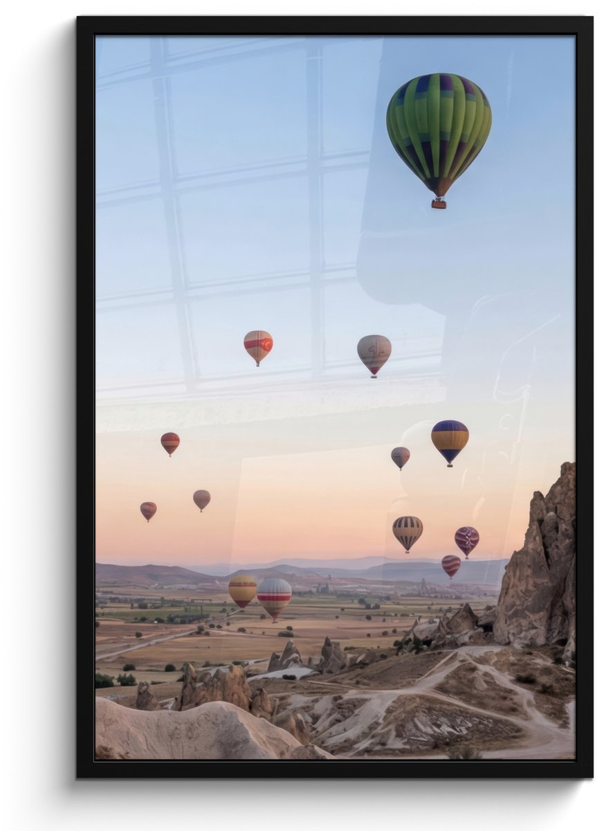 FrameYourWall Poster in lijst - Fotolijst 60x90 cm - Posters - Luchtballonnen - Rotsen - Zonsopgang - Posterlijst zwart - Decoratie - Wanddecoratie woonkamer - Muurdecoratie slaapkamer