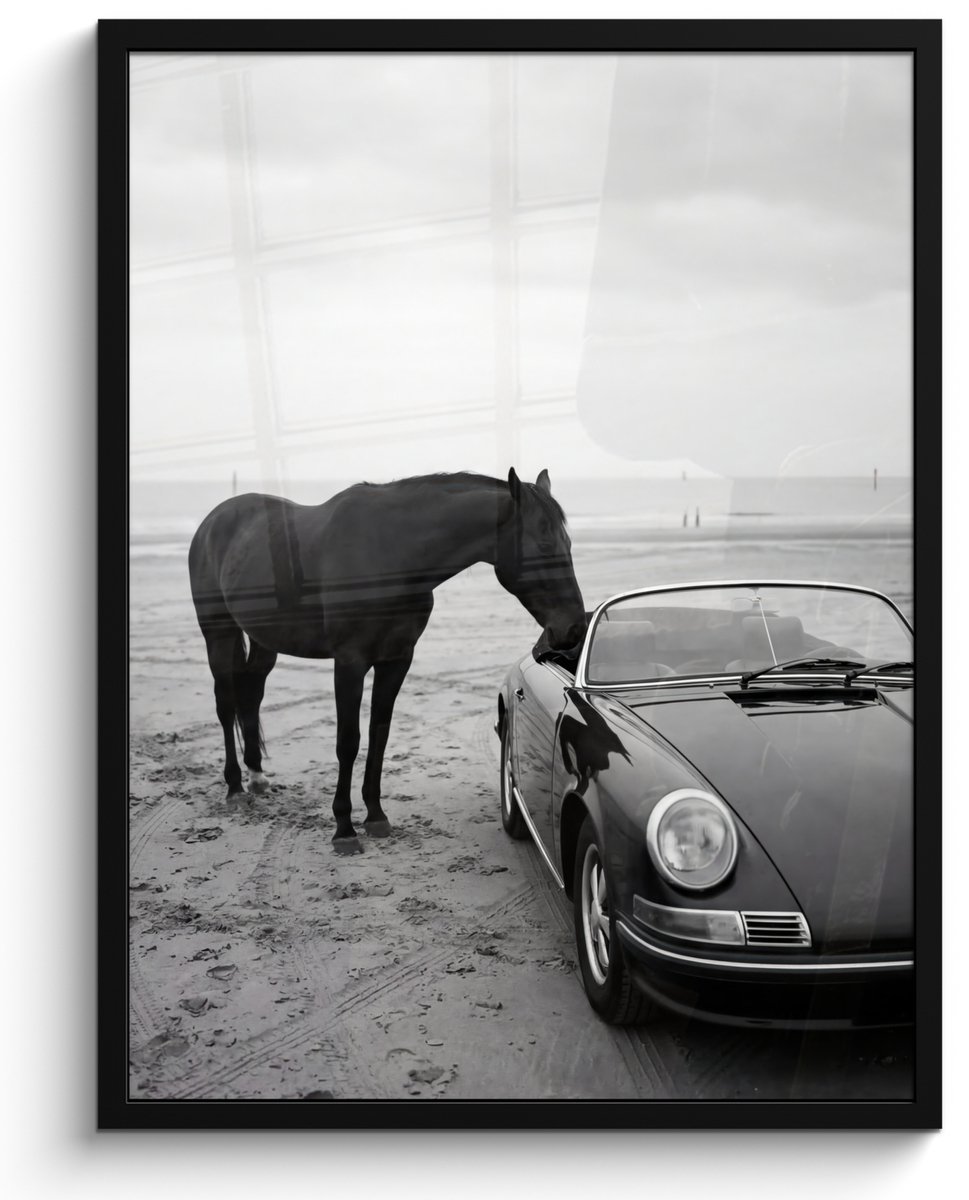 FrameYourWall Poster in lijst - Fotolijst 60x80 cm - Posters - Paard - Auto - Zwart - Wit - Posterlijst zwart - Decoratie - Wanddecoratie woonkamer - Muurdecoratie slaapkamer