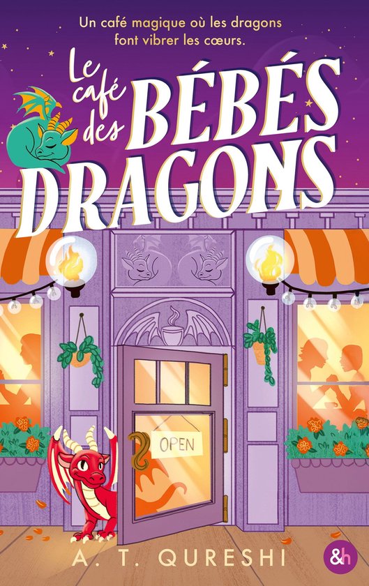 Boekomslag 'Le café des bébés dragons' met een rode draak bij een winkel en de tekst 'Un café magique où les dragons font vibrer les cœurs.'
