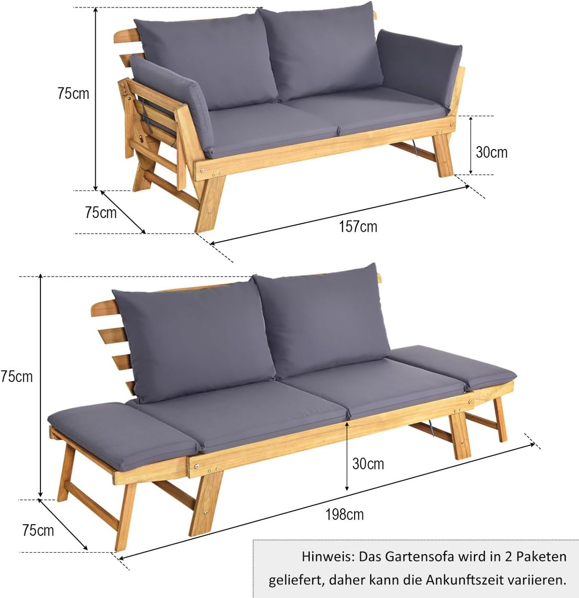Tuinbank 2-zits met verstelbare armleuningen 198 x 75 x 75 cm – Houten ligbank & zitbank in één – Acaciahout met kussens – Modern & robuust – Grijs – Laura