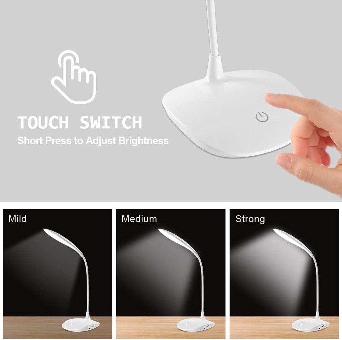 GLOBEREXSPAINSOLUCIONESSLU LED-bureaulamp, LED-leeslamp met USB-kabel, 15 LED's, 3 helderheidsniveaus, 360° flexibel, 1200 mAh, touchbediening, oogbescherming, voor studie en lezen thumbnail 5