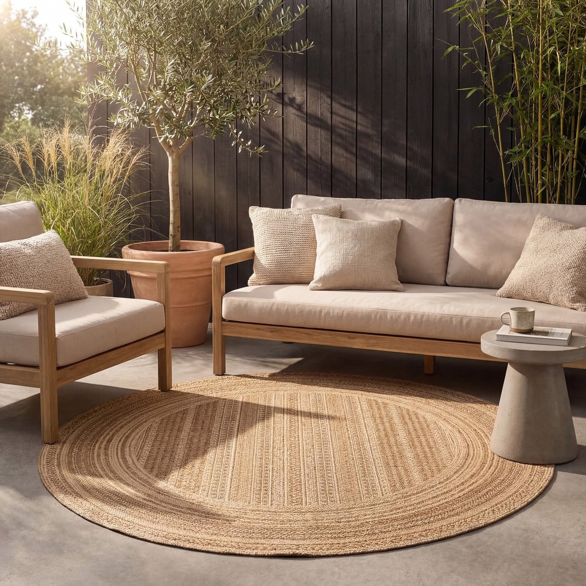 Fraai Rond jute buitenkleed - Mavi Stripes Creme/Bruin - Ø 120cm