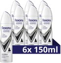 Rexona Invisible deodorant 6 x 150 ml spuitbussen met witte dop en zwart-wit design.