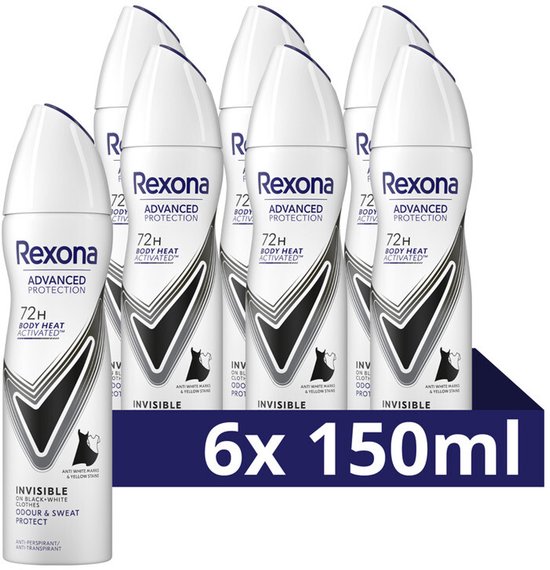Rexona Invisible deodorant 6 x 150 ml spuitbussen met witte dop en zwart-wit design.
