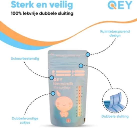 QEY® 120 Stuks Moedermelk Bewaarzakjes – Lekvrij, BPA-vrij & Steriel – Stevig & Plat Ontwerp – Handig Schrijfvlak – Bewaarzakjes voor Borstvoeding – Geschikt voor Vriezer & Koelkast - Blauw