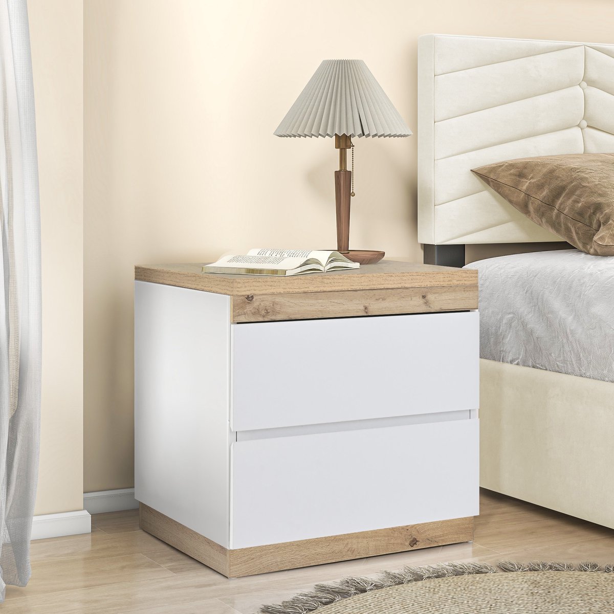 MIVRAY Nachtkastje - Klassiek Met 2 Laden En Opbergruimte - Voor Slaapkamer Naast Bed - Spaanplaat - Wit Eikenlook