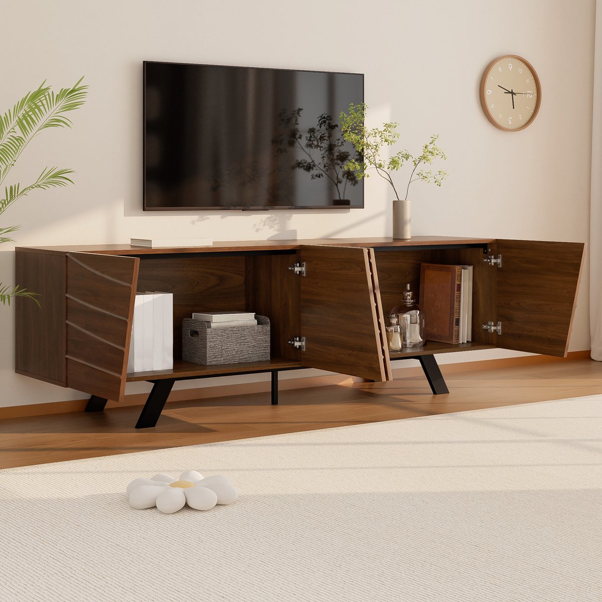 MIVRAY Televisiemeubel - Golffront Met Kabelbeheer En Veel Opbergruimte - Voor Woonkamer En Hal - MDF Walnootkleur - 160x39x50,5 Cm Notenhout