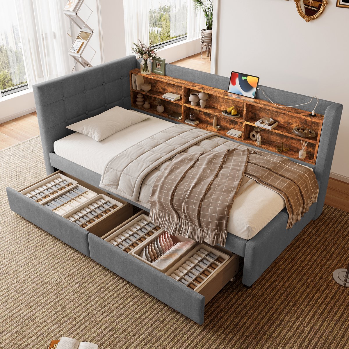 MIVRAY Gestoffeerd Daybed 90x200 Cm - Met 2 Laden En Usb En Type C - Met Hoofdbordvakken - Linnen - Grijs - Zonder Matras