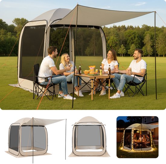 VEVOR Campingtent, 182,88 x 182,88 x 219,4 cm, pop-up tent met uitschuifbare luifel, draagbare partytent voor 4-6 personen, incl. draagtas en zijwanden, voor terras en buitenactiviteiten, beige van Merkloos — afbeelding 5