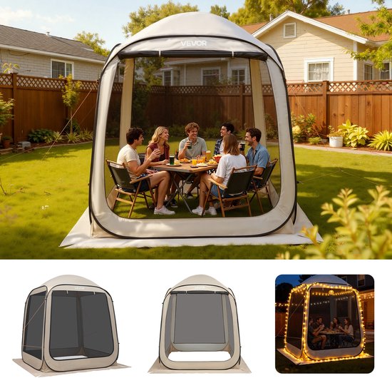 VEVOR Campingtent, 182,88 x 182,88 x 219,4 cm, feesttent voor 4-6 personen, pop-up tent met draagtas, gaaswanden en haringen, voor tuin, terras en buitenactiviteiten, beige van Merkloos — afbeelding 5