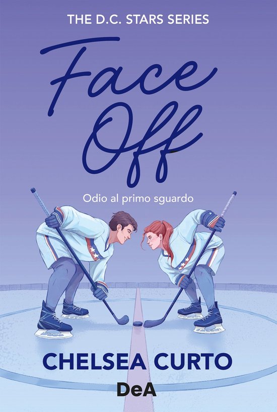 Couverture du livre : deux joueurs de hockey sur glace, un homme et une femme, se regardent au-dessus d'une rondelle. Titre : 'Face Off'.