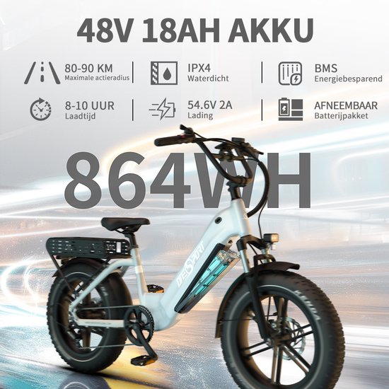 Elektrische Fiets ONESPORT OT08 - Krachtige 864Wh Verwijderbare Accu - 100 km Actieradius - 20x4.0 Inch All-Terrain Banden - Shimano 7 Versnellingen - Hydraulische Schijfremmen - Aluminium Frame - Grijsblauw van Merkloos — afbeelding 2