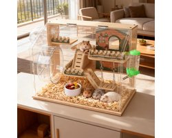 Houten hamsterkooi met 270 graden zicht, kauwbestendig en geventileerd - Geschikt voor gerbils, ratten, cavia's en muizen.