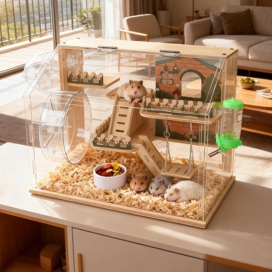 Houten hamsterkooi met speeltoestellen, loopwiel en 3 hamsters.