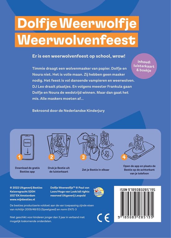 Achterkant van de 'Dolfje Weerwolfje Weerwolvenfeest' luisterkaart met illustraties van het product en uitleg.
